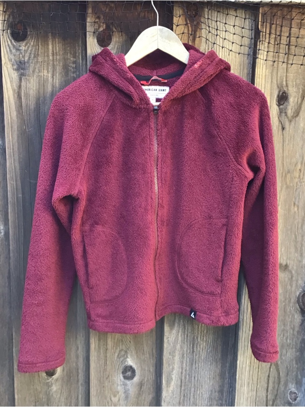 American Giant Sherpa Fleece Full Zip Hoodie Sweater Womens Medium Red USA Made